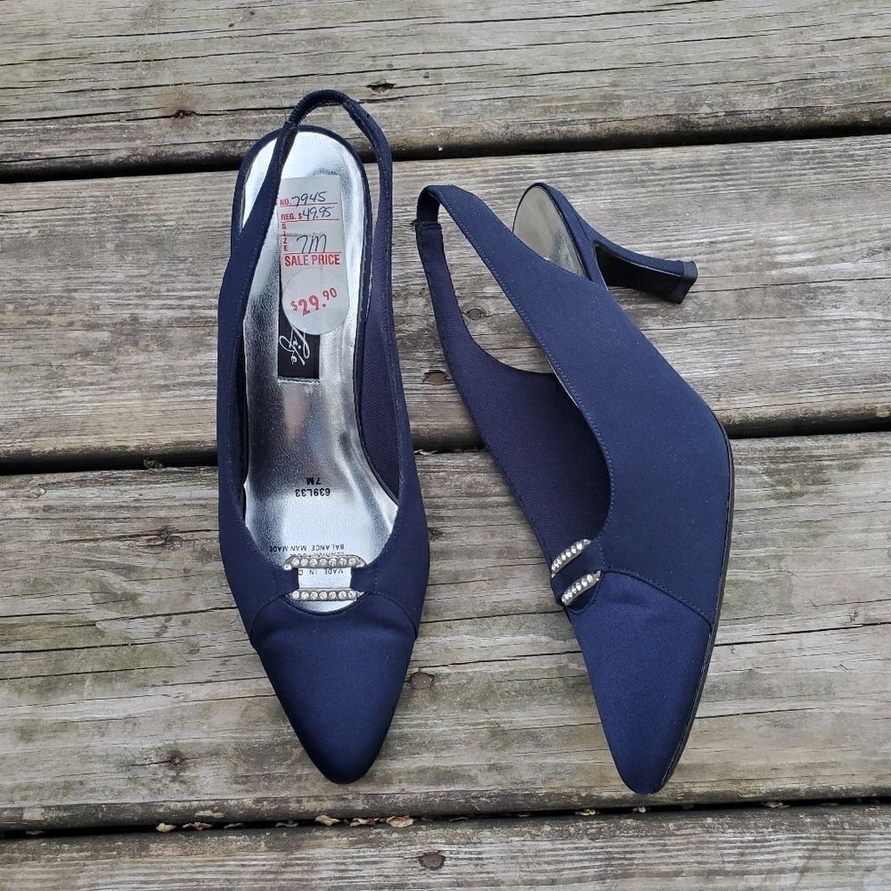 Vintage 80s Retro Prom Navy‎ Blue Satin Rhinestone Slingback Heels Pumps 7